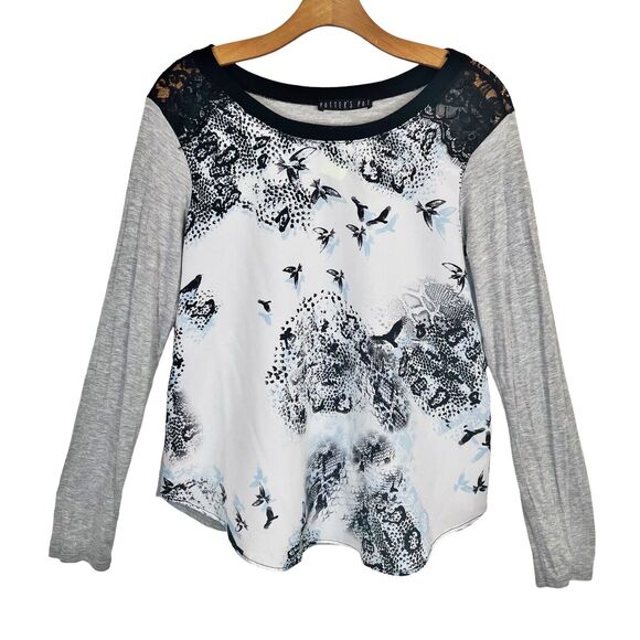 Potters Pot Bird Print and Black Lace Top Sz M Long Sleeves Loose Slouchy Boho - Picture 1 of 7